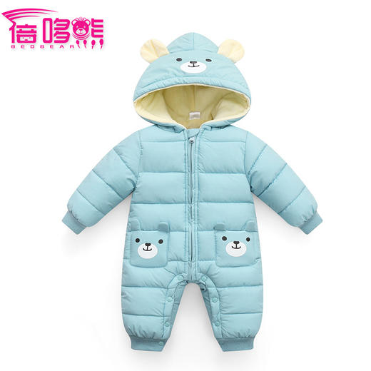 秋冬新款婴幼儿加厚保暖连帽耳朵款超柔里衬连身衣爬服 商品图1