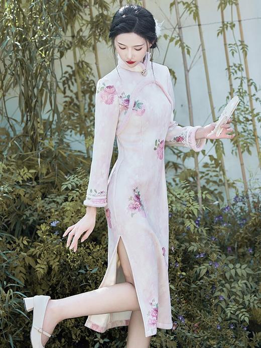 优雅气质，冬季牡丹印花毛领旗袍文艺名媛风宴会礼服走秀旗袍BS-2861 商品图2