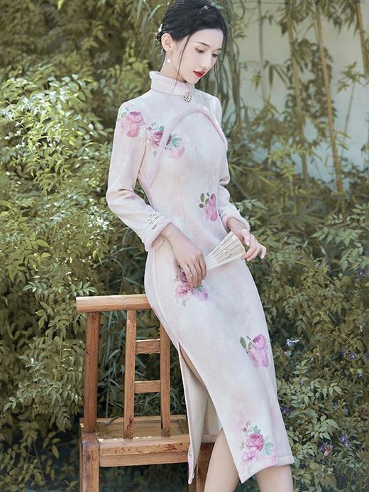 优雅气质，冬季牡丹印花毛领旗袍文艺名媛风宴会礼服走秀旗袍BS-2861 商品图0