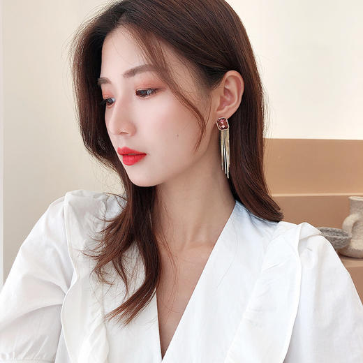 S925银针长款镶水晶耳坠几何流苏方形耳环LY 商品图3