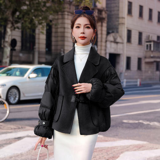 时尚保暖，90白鸭绒双面羊绒拼接流苏牛角扣美拉德羽绒服HR-YJLY8080 商品图5