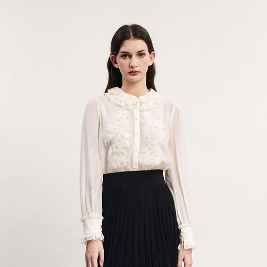 谜底通勤衬衫长袖女2024春款宫廷风双层荷叶领绣花衬衣241MC0075 商品图0