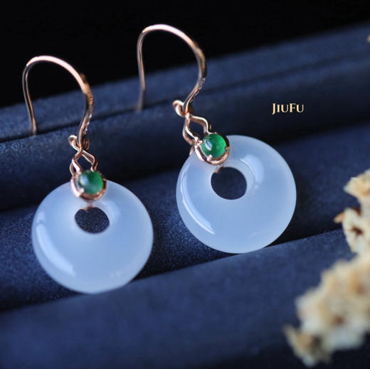 18K玫瑰金和田玉（白玉）耳饰--福禄双全/高抵扣14mm//总长30mm 商品图0