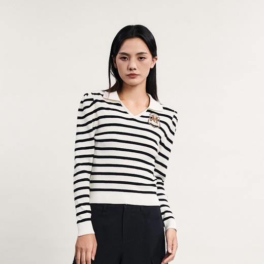 谜底翻领套头针织衫女2024春季新款学院风条纹修身毛衣241MZ0351 商品图0