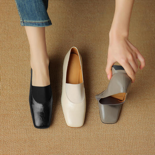 舒适简约，平头纯色真皮低跟单鞋SSS5796 商品图3