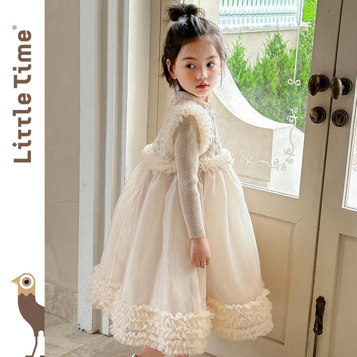 littletime女童钉珠中式纱裙新年高端礼服蓬蓬网纱裙子白色连衣裙 商品图3
