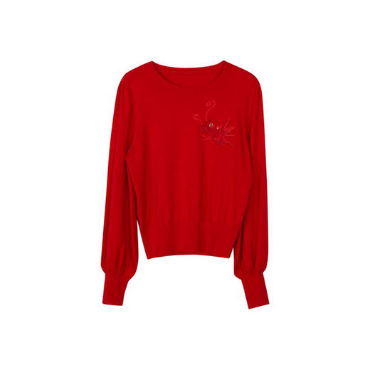 谜底新年红套头针织衫女2024春季新款简约圆领刺绣毛衣241MZ0320 商品图4