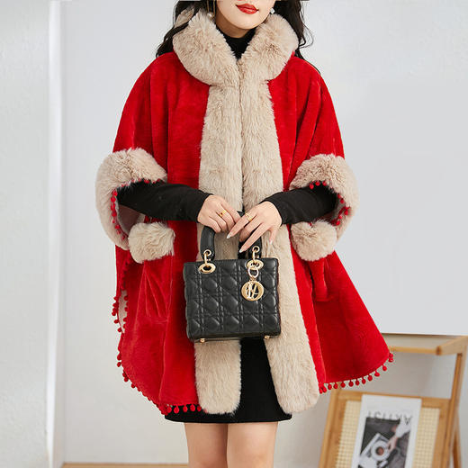 简约时尚连帽毛呢斗篷外套，2023冬宽松显瘦红色中长款大衣HR-WZ231029 商品图2