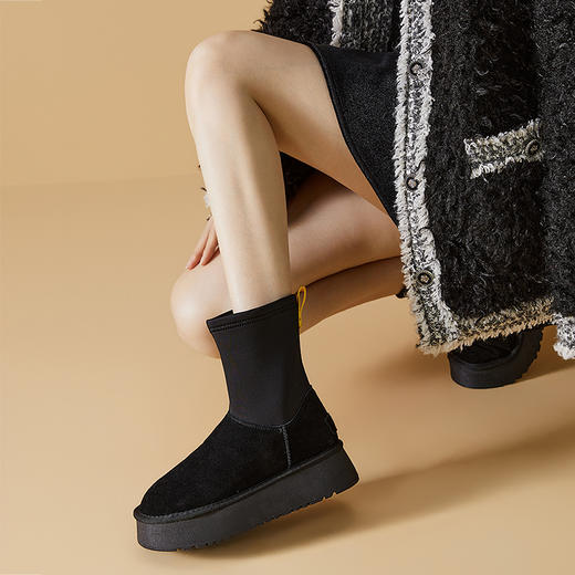 西遇厚底雪地靴女新款冬季弹力中筒铅笔靴短靴保暖加绒棉鞋D0034450 商品图2