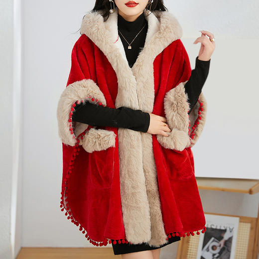 简约时尚连帽毛呢斗篷外套，2023冬宽松显瘦红色中长款大衣HR-WZ231029 商品图0