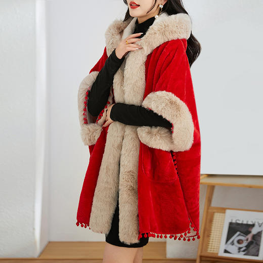 简约时尚连帽毛呢斗篷外套，2023冬宽松显瘦红色中长款大衣HR-WZ231029 商品图3