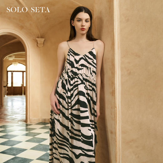 Soloseta桑蚕丝吊带睡裙女丝绸斑马纹印花连衣长裙2025度假 商品图0