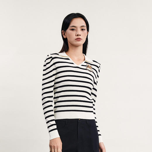 谜底翻领套头针织衫女2024春季新款学院风条纹修身毛衣241MZ0351 商品图1