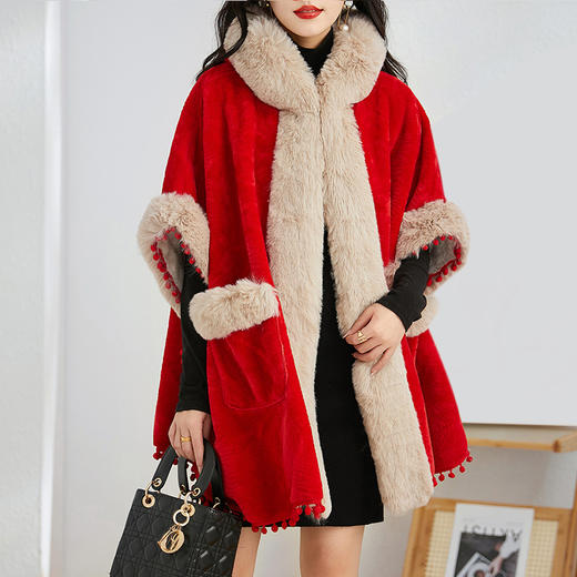 简约时尚连帽毛呢斗篷外套，2023冬宽松显瘦红色中长款大衣HR-WZ231029 商品图1