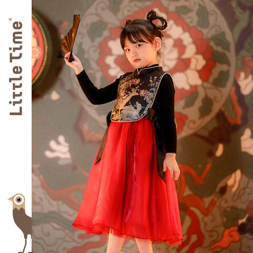 littletime女童汉服中国风唐装2023秋冬新款儿童无袖古风连衣裙 商品图1