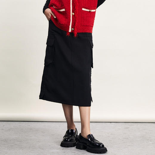 谜底黑色半身裙2024春新款工装风大口袋高腰百搭中长裙241MB0118 商品图0