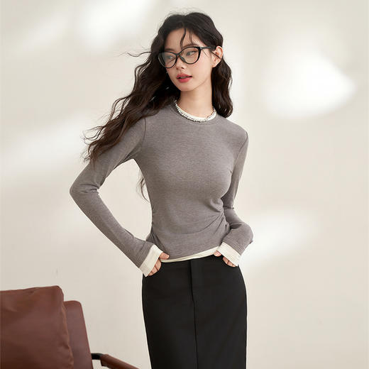 西遇韩版拼接假两件上衣新款修身显瘦打底衫内搭长袖T恤D0340259 商品图2