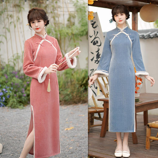 雪尼尔改良新中式长款倒大袖新款时尚年轻少女款旗袍GX-907563 商品图0