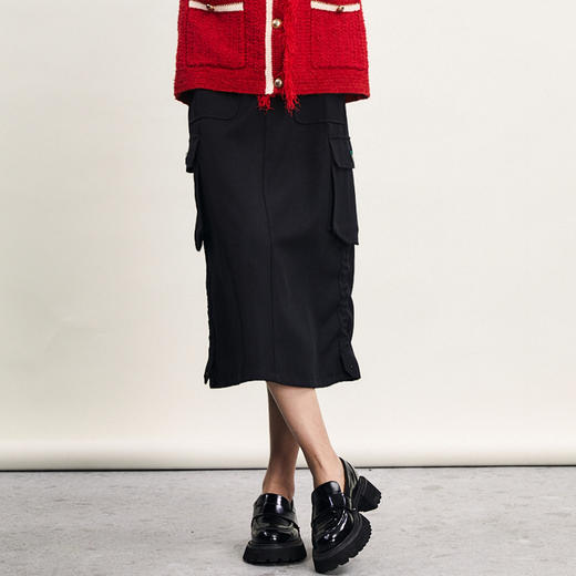 谜底黑色半身裙2024春新款工装风大口袋高腰百搭中长裙241MB0118 商品图1
