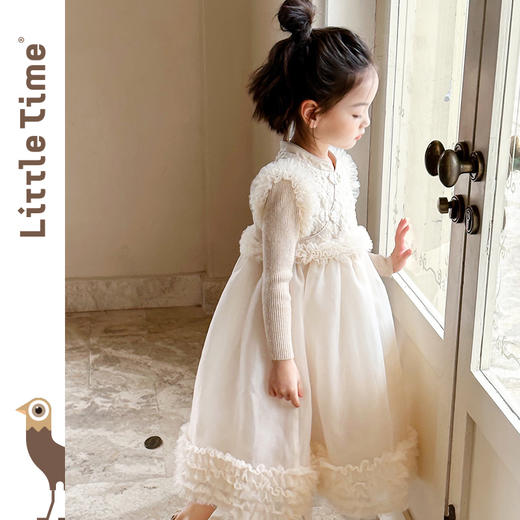 littletime女童钉珠中式纱裙新年高端礼服蓬蓬网纱裙子白色连衣裙 商品图2