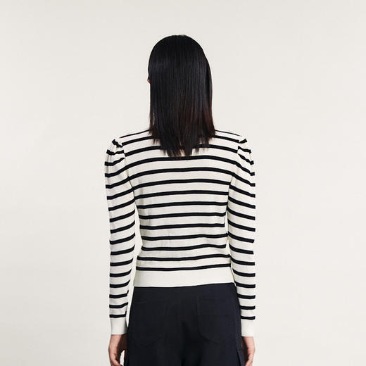 谜底翻领套头针织衫女2024春季新款学院风条纹修身毛衣241MZ0351 商品图2