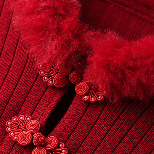新年红色毛衣裙，秋冬新款国风毛领拼接内搭打底连衣裙CC-J-382 商品图3
