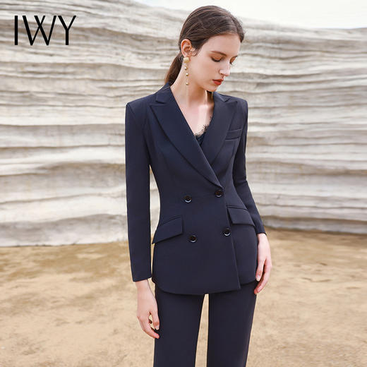 IWY/高端藏青色阔腿裤西装套装女商务面试经理职业装工作服C13309+P33309 商品图4