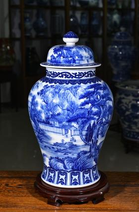 青花工笔山水富春山居图将军罐