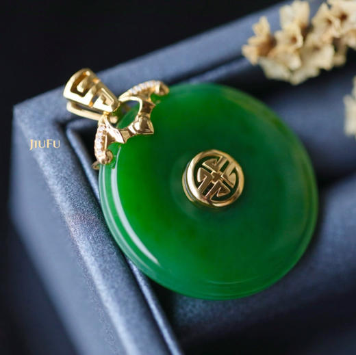 18K黄金和田玉（碧玉）吊坠--福寿如意/平安扣30*5.5mm/菠菜绿 商品图1