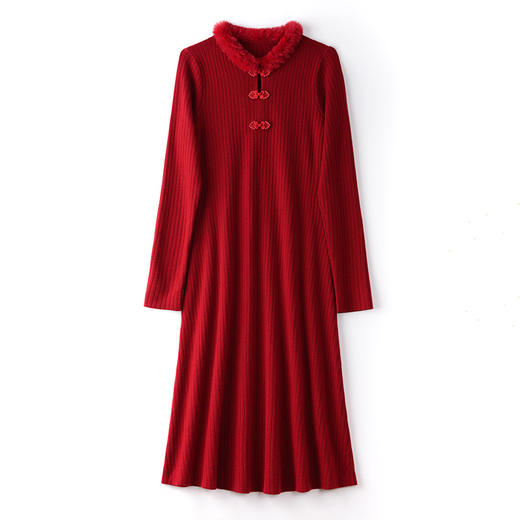 新年红色毛衣裙，秋冬新款国风毛领拼接内搭打底连衣裙CC-J-382 商品图4