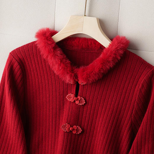 新年红色毛衣裙，秋冬新款国风毛领拼接内搭打底连衣裙CC-J-382 商品图2