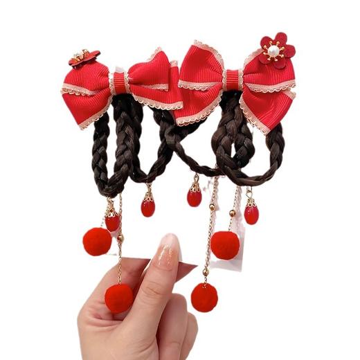 【喜庆宝宝拜年头饰】女童过年发饰假发蝴蝶结拜年发卡宝宝喜庆发夹中国风儿童新年头饰 商品图4