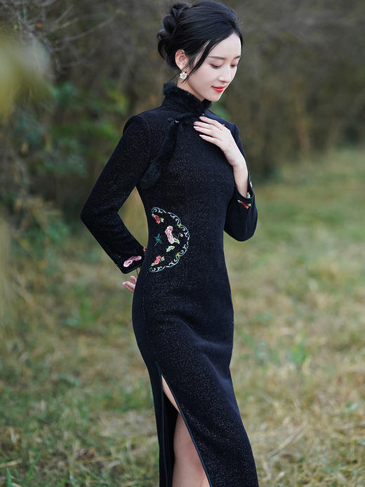 MY秋冬改良旗袍女长款复古民国黑色刺绣少女高端气质名媛连衣裙加厚 商品图1