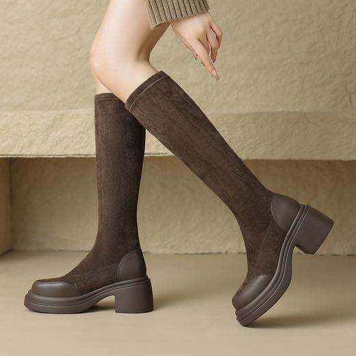 ZHR加绒高跟长靴女2023秋冬气质粗跟瘦瘦靴显瘦厚底弹力靴长筒靴 商品图5