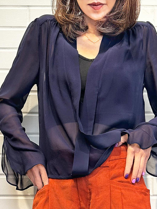 TYNVIE 叠带真丝衬衫-藏青色 商品图1