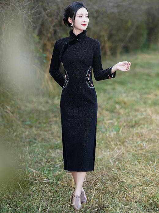 MY秋冬改良旗袍女长款复古民国黑色刺绣少女高端气质名媛连衣裙加厚 商品图2