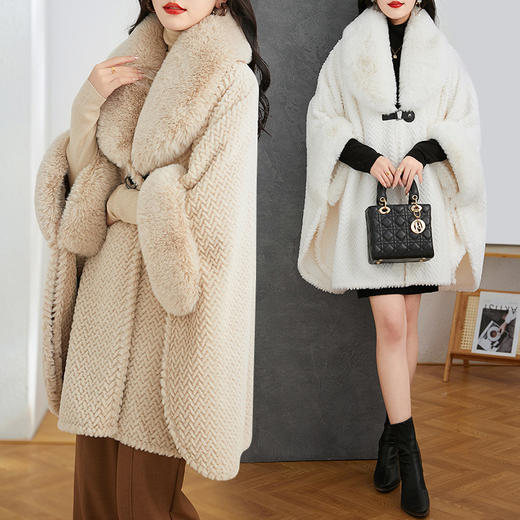 时尚简约披肩毛呢外套，秋冬款大毛领保暖中长款斗篷外套HR-WZ231019 商品图3