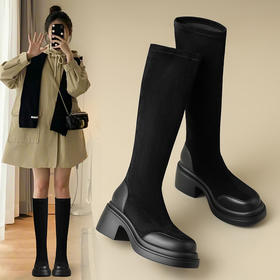 ZHR加绒高跟长靴女2023秋冬气质粗跟瘦瘦靴显瘦厚底弹力靴长筒靴