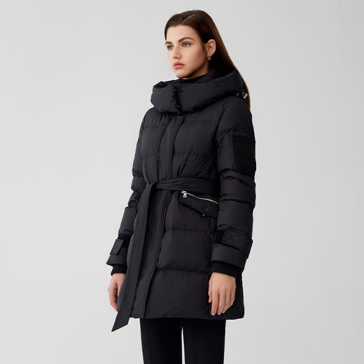 【中长款女士90白鹅绒服】23年冬季新品女士中长款连帽羽绒服腰带收腰外套 商品图1