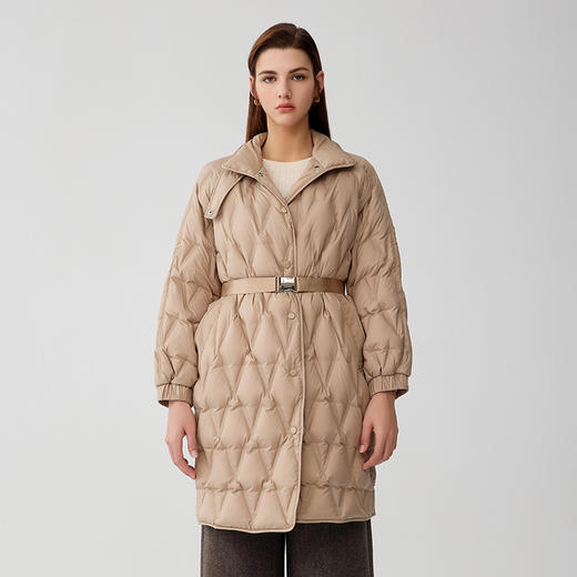 【菱形图案中长款羽绒服】23年冬季新品女士90白鹅绒服时尚保暖外套 商品图0