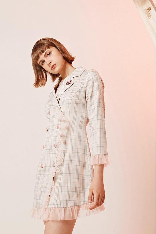 komello 法式复古粉色格纹刺绣连衣裙 14607 商品图1