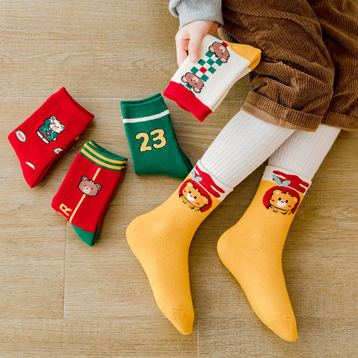 【5双装】冬季儿童袜子加厚保暖中筒袜卡通新年毛圈袜红色男童女童棉袜1-12岁 商品图4