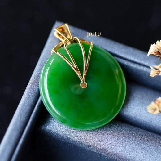 18K黄金和田玉（碧玉）吊坠--福寿如意/平安扣30*5.5mm/菠菜绿 商品图2
