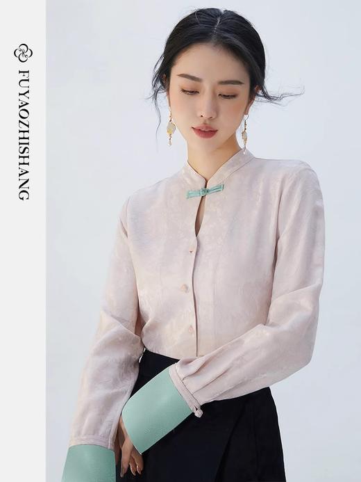 扶摇 陌上花开 新中式秋季通勤复古提花上衣衬衫女盘扣衬衣 商品图2