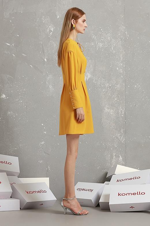 komello 黄色收褶灯笼袖连衣裙 14912 商品图2