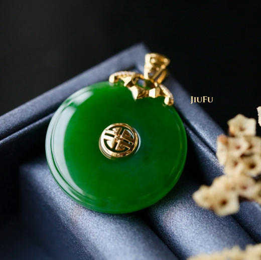 18K黄金和田玉（碧玉）吊坠--福寿如意/平安扣30*5.5mm/菠菜绿 商品图0