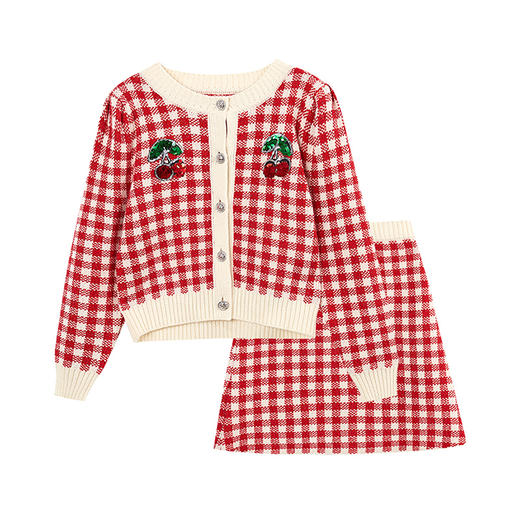 笛莎童装女童套装2023冬装新款格纹针织半裙套装 商品图4