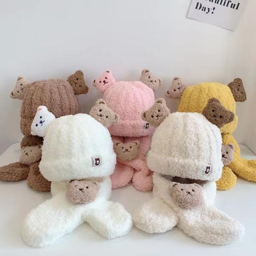 【双熊耳朵毛绒帽子套装】婴儿帽子秋冬季毛绒围巾两件套宝宝男女童小熊可爱保暖加厚幼儿帽 商品图1