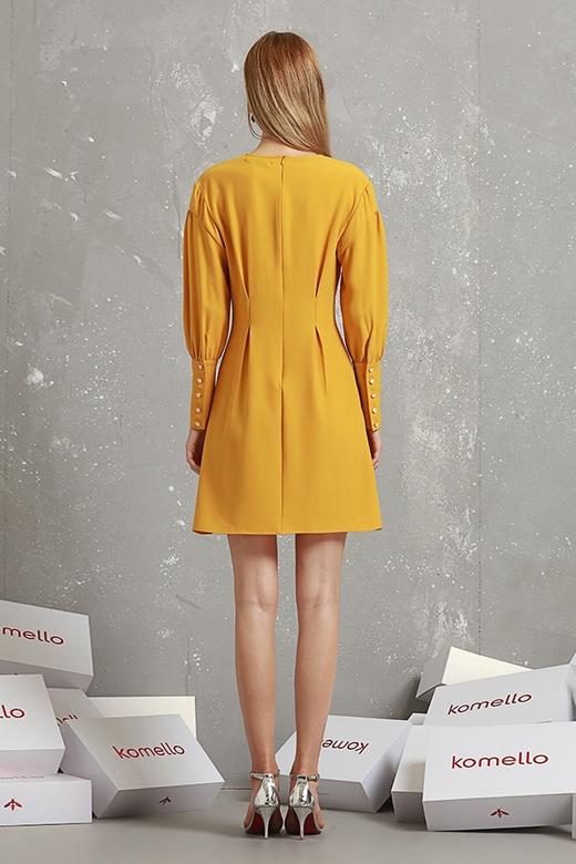 komello 黄色收褶灯笼袖连衣裙 14912 商品图3