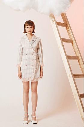 komello 法式复古粉色格纹刺绣连衣裙 14607